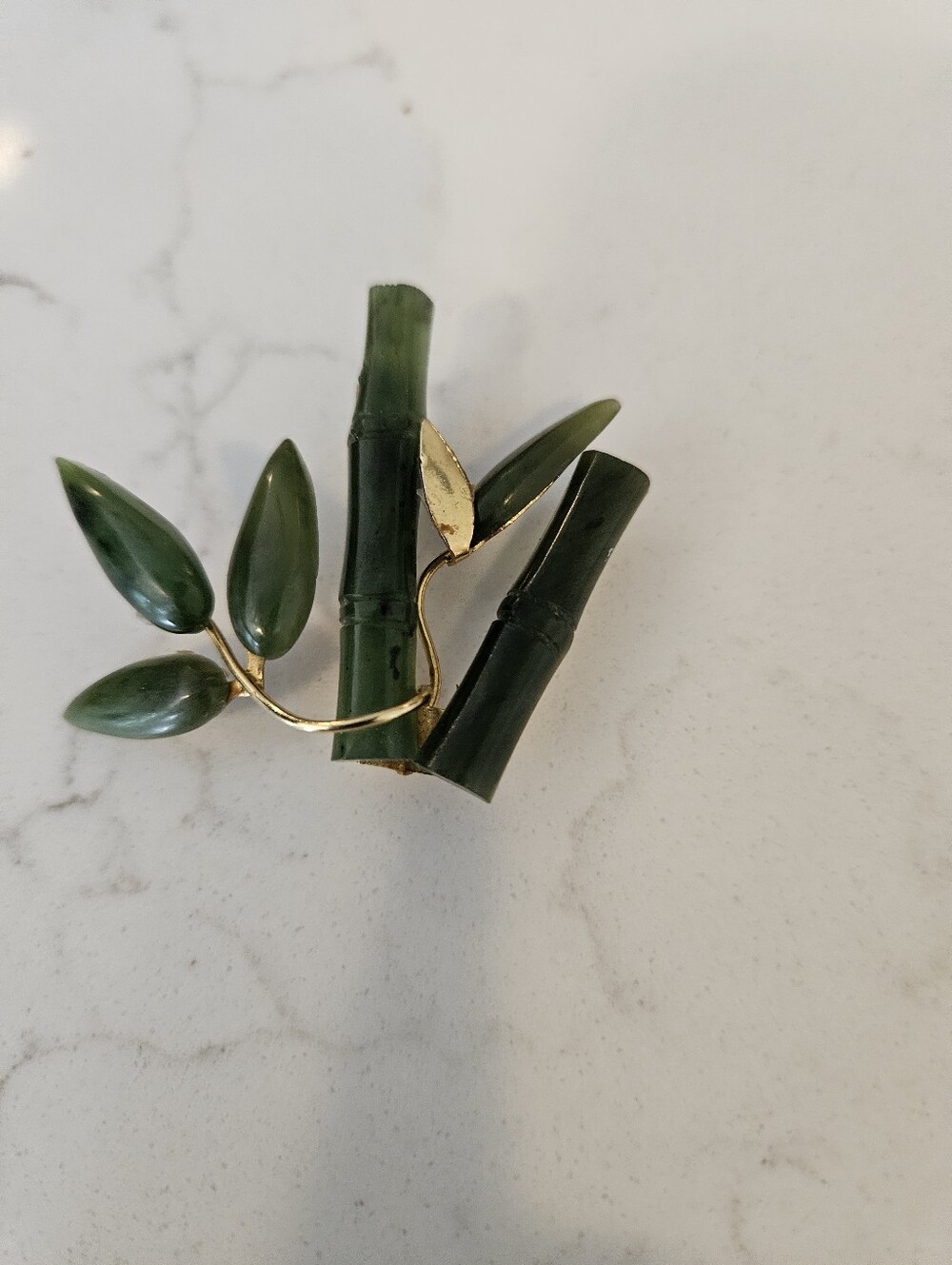 Jade Green Bamboo Leaf Brooch with Gold Accent